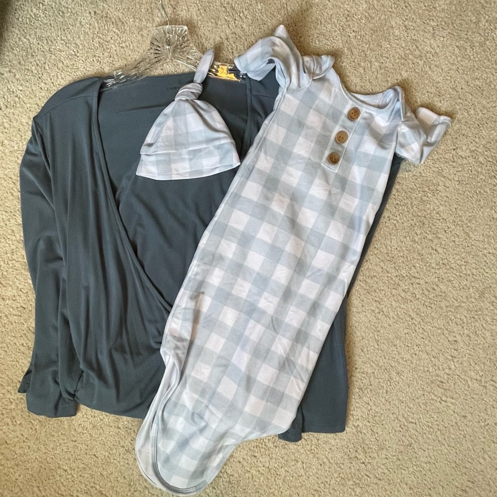 Caden Lane maternity robe and matching newborn gown and hat